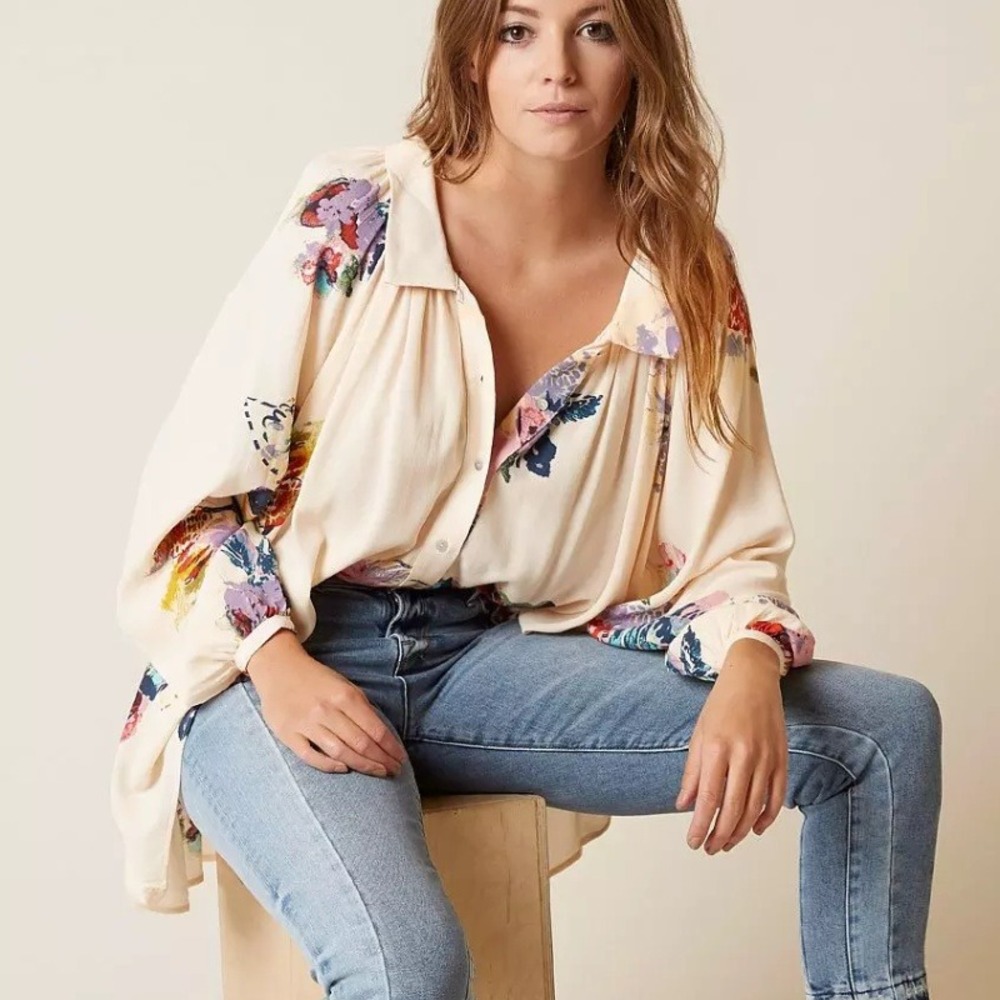 Free People Meadow Lark Shirt Size Small Floral Print Oversized Button Down